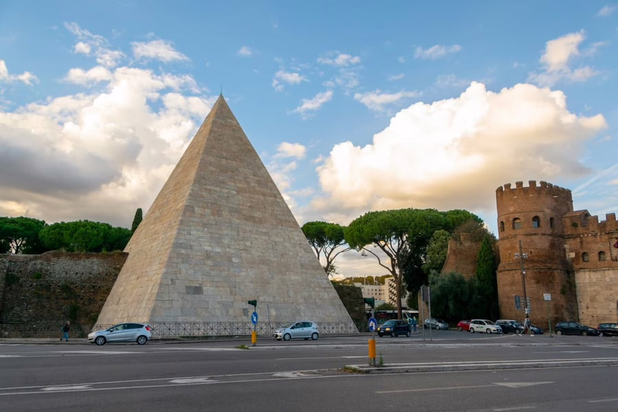 pyramid of caius cestius as seen from across the street in testaccio rome italy