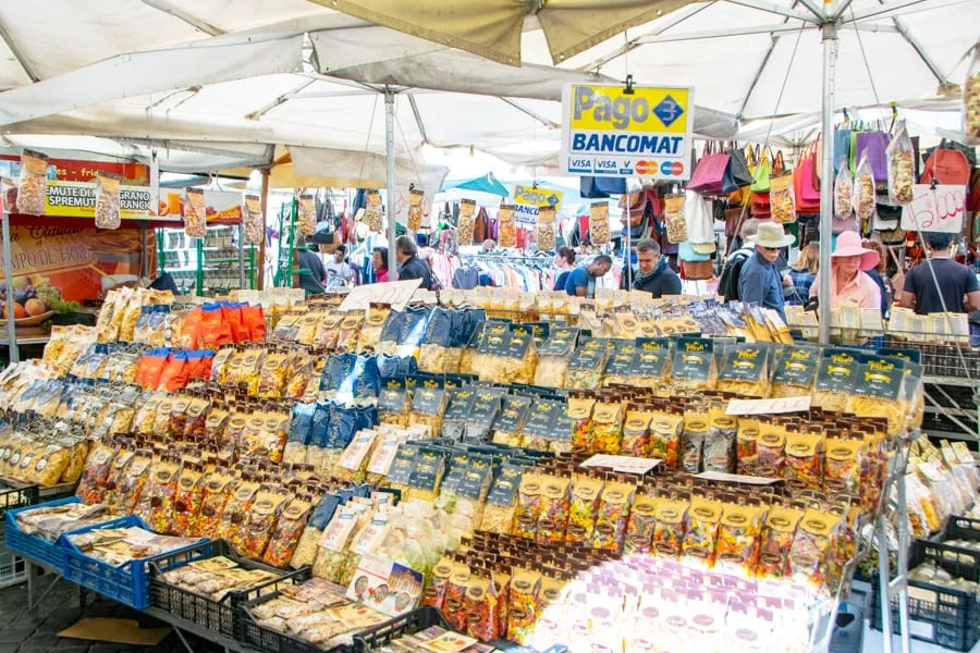 dried pasta and other goods for sale as rome souvenirs at campo di fiori