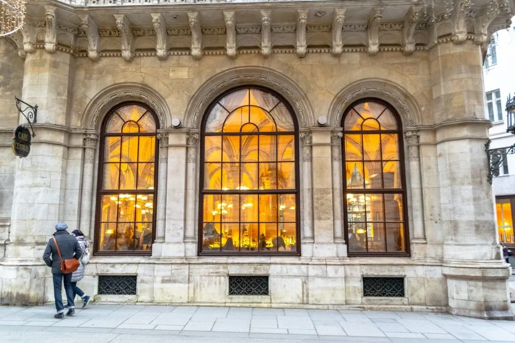 glamorous cafe in central vienna as seen from the outside--whether you visit vienna or budapest, you'll find incredible cafe culture