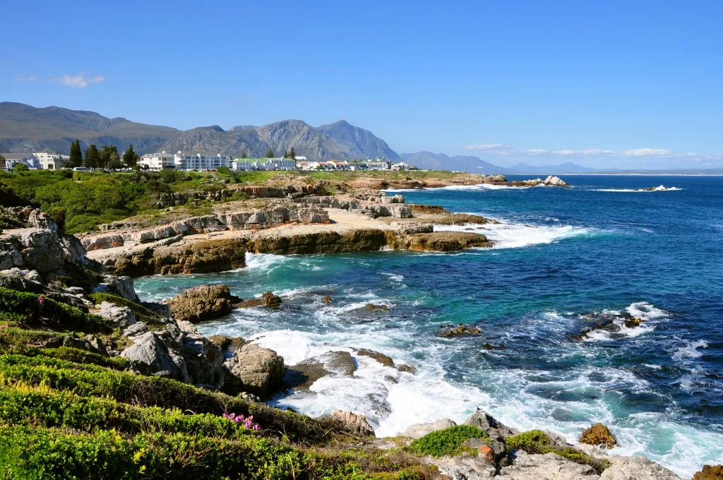 view of the coastline of hermanus south africa, one of the best places to visit south africa itineraries