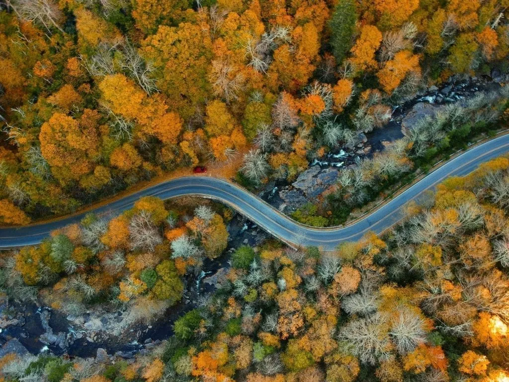 Blue Ridge Parkway USA shot from above during the fall, with fall foliage on either side of the road--one of the best weekend trips in the United States