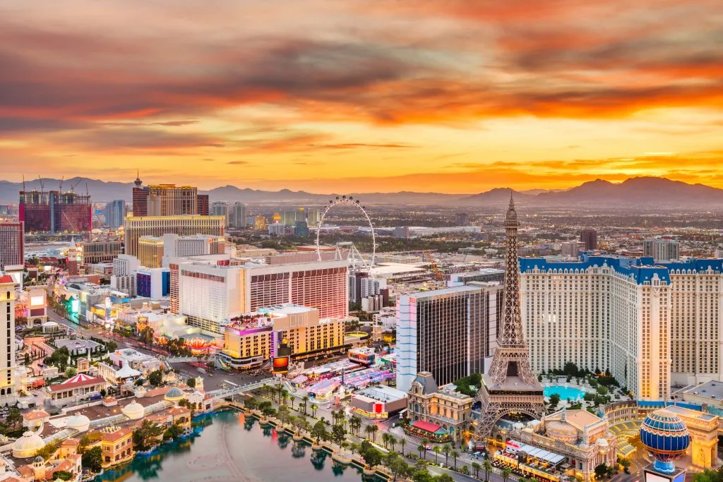 view of las vegas strip from above at sunset