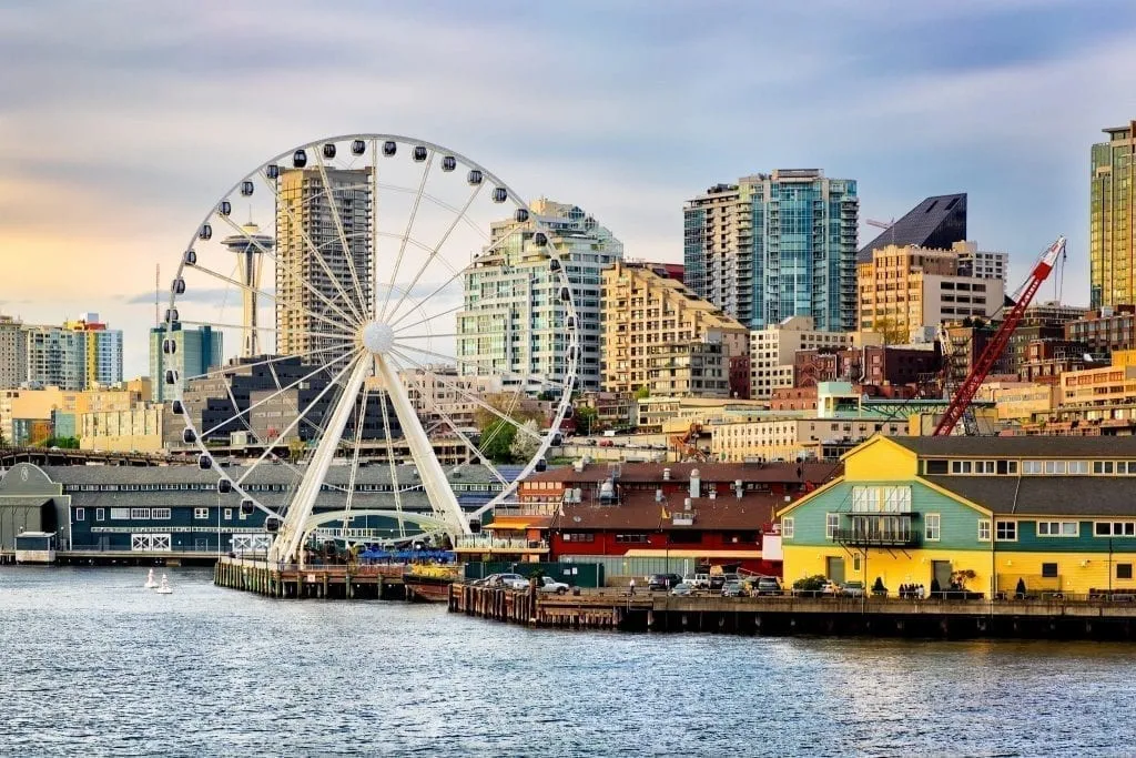 Seattle Waterfront with space needle visible through the ferris wheel