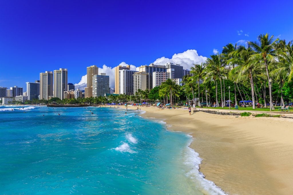 waikiki beach in honolulu hawaii with skyline in the background