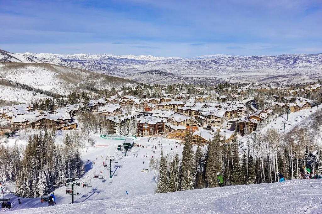 park city as seen from ski slope in winter