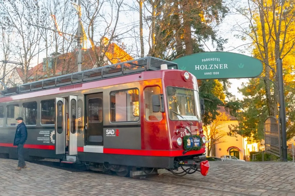 small red train in soprabolzano italy