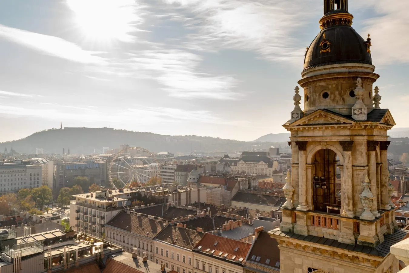 View of Budapest from St Stephen's Basilica in Budapest in November, with bell tower of cathedral on the right.