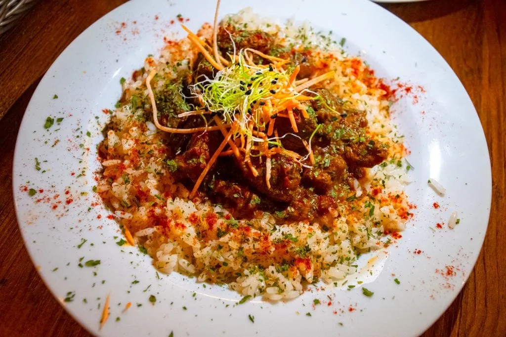 Plate of Hungarian Goulash as shot from above at Drum Cafe in Budapest