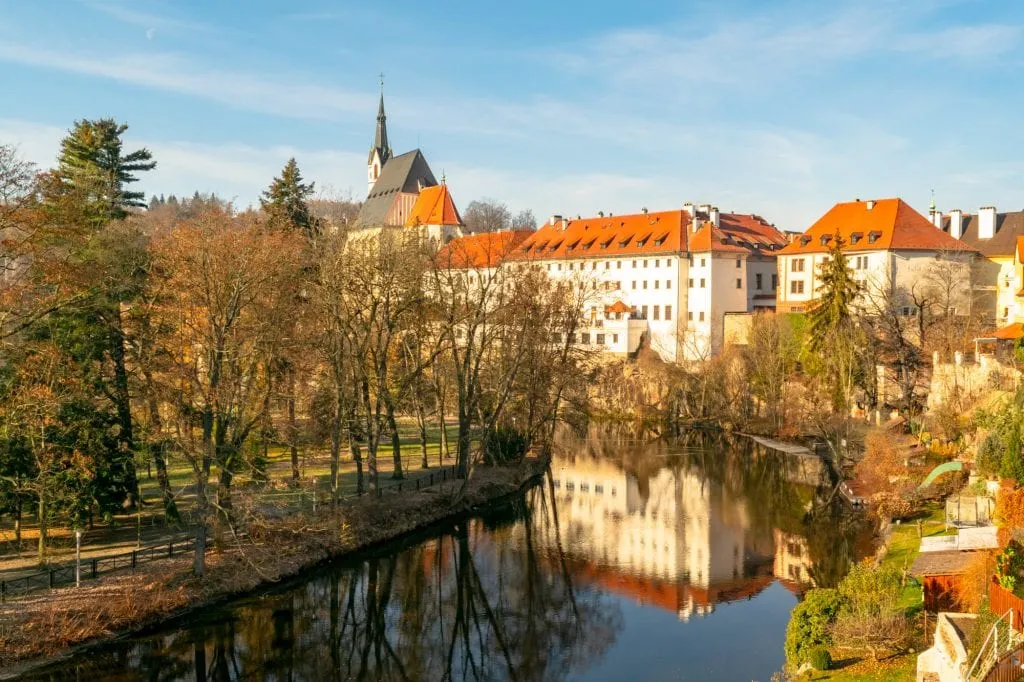 view of cesky krumlov in winter from the side of the river