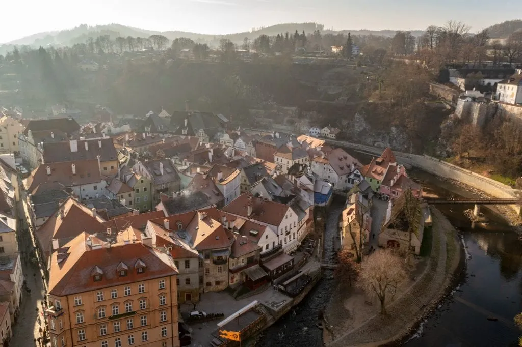 rooftops of cesky krumlov with curve of the river from above