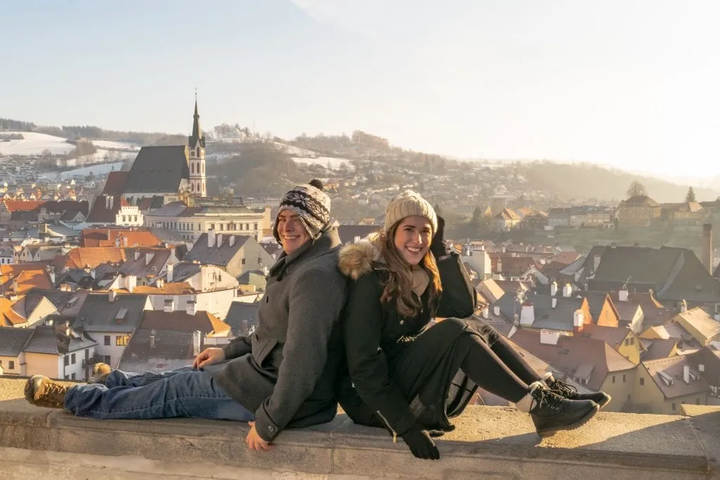 kate storm and jeremy storm in cesky krumlov, working to travel cheaper on a multi year trip