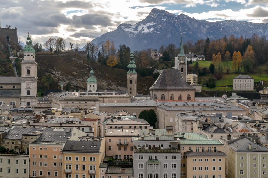 Salzburg in Winter: View of City and Alps