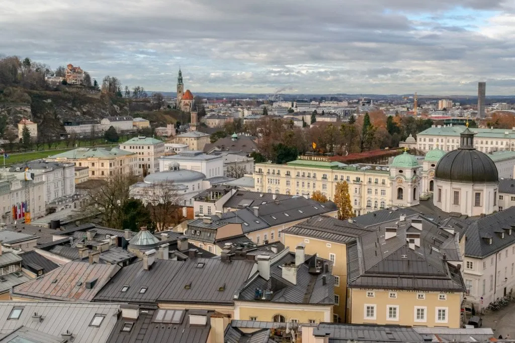 view of salzburg austria cityscape from above on a cloudy day