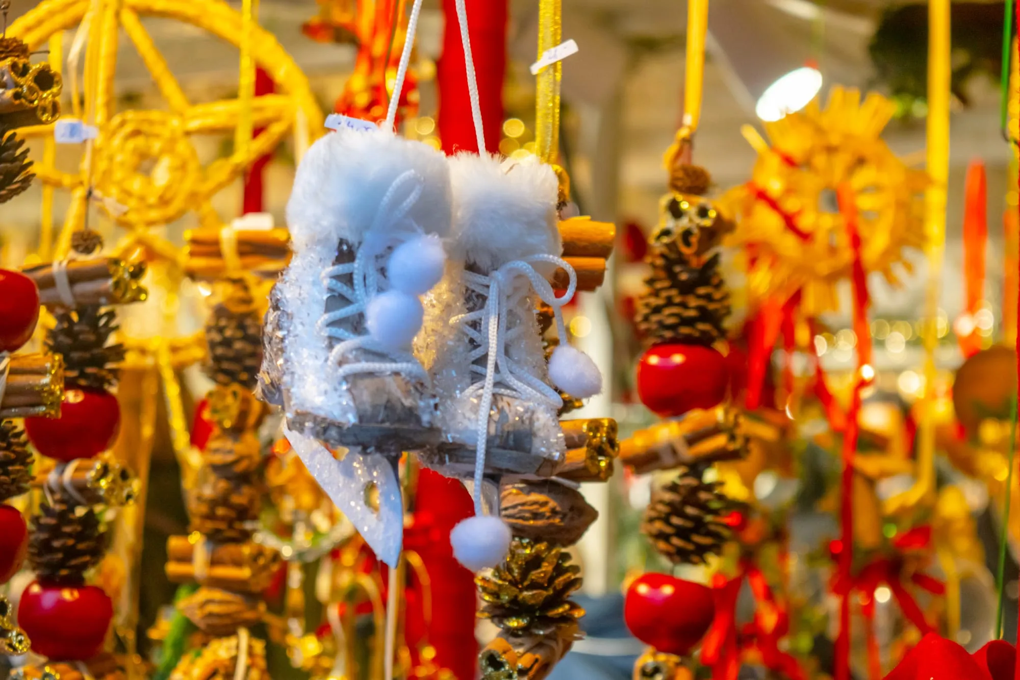ice skates ornament for sale, ornaments are at the top of any list of what to buy at christmas markets in europe