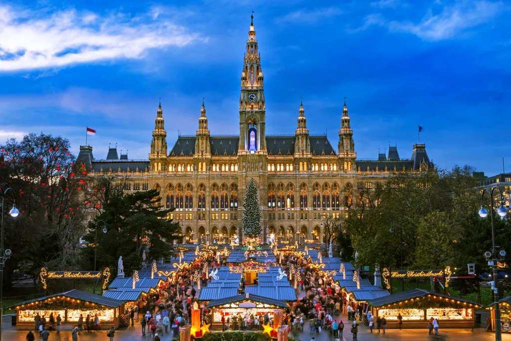 vienna christmas market at night as seen from above