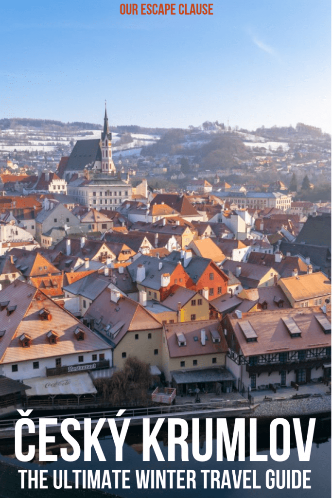 view of cesky krumlov from above, white text reads "cesky krumlov winter travel guide"