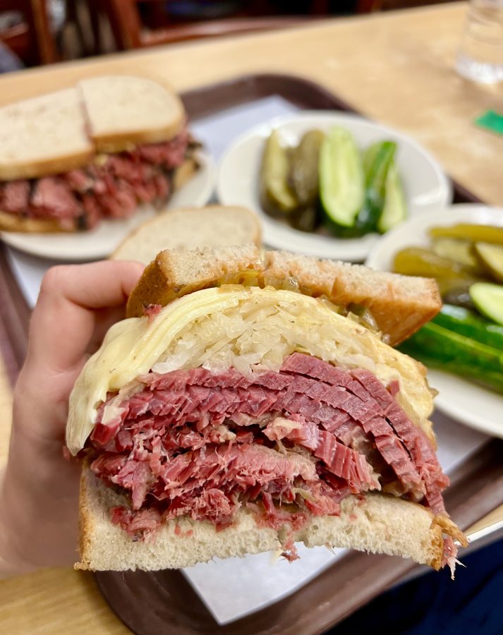 close up of half a reuben at katz's deli in the lower east side nyc