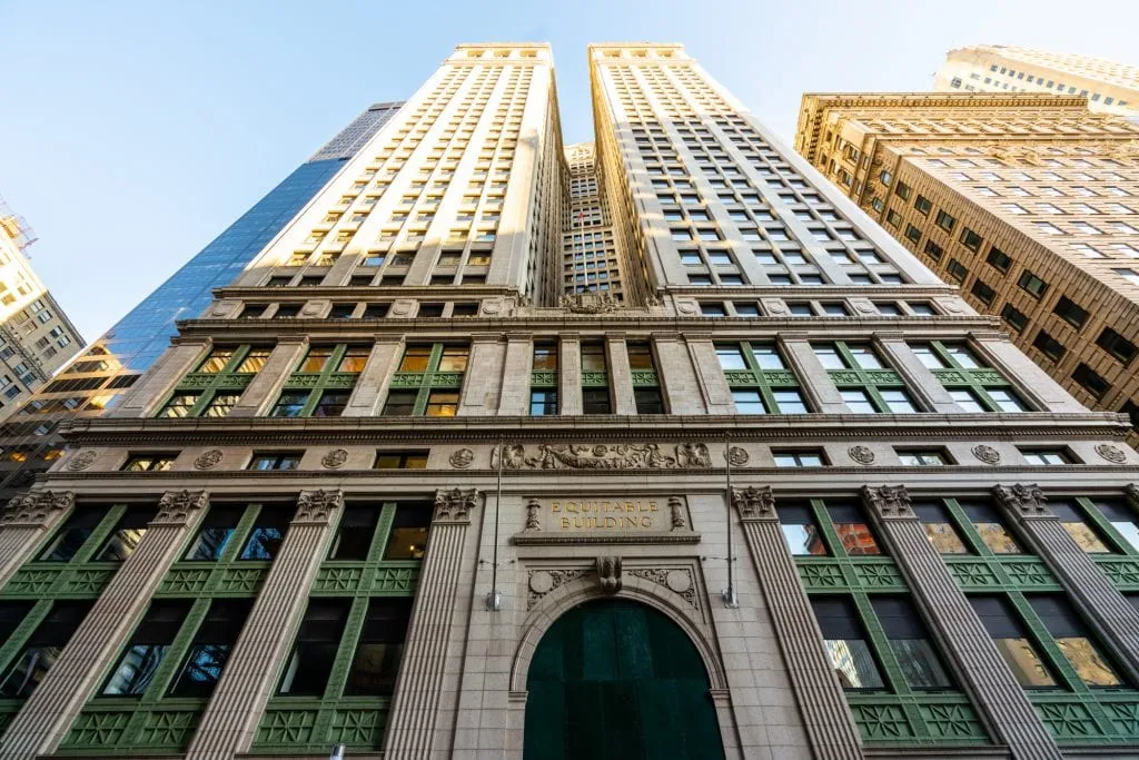 Photo of the Equitable Building in the Financial District as seen looking up--a common sight, even seeing NYC in a day.