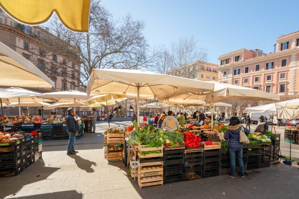 outdoor food market stalls at piazza san cosimato in trastevere italy