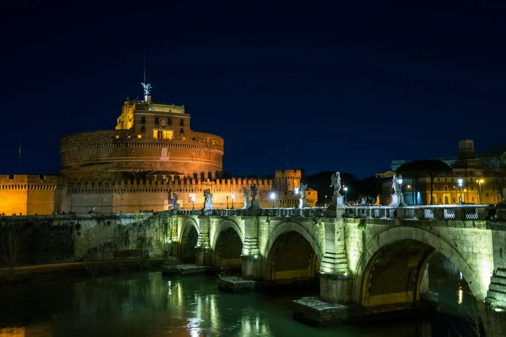 Castel Sant'Angelo at an angle with bridge, What to Do in Rome at Night