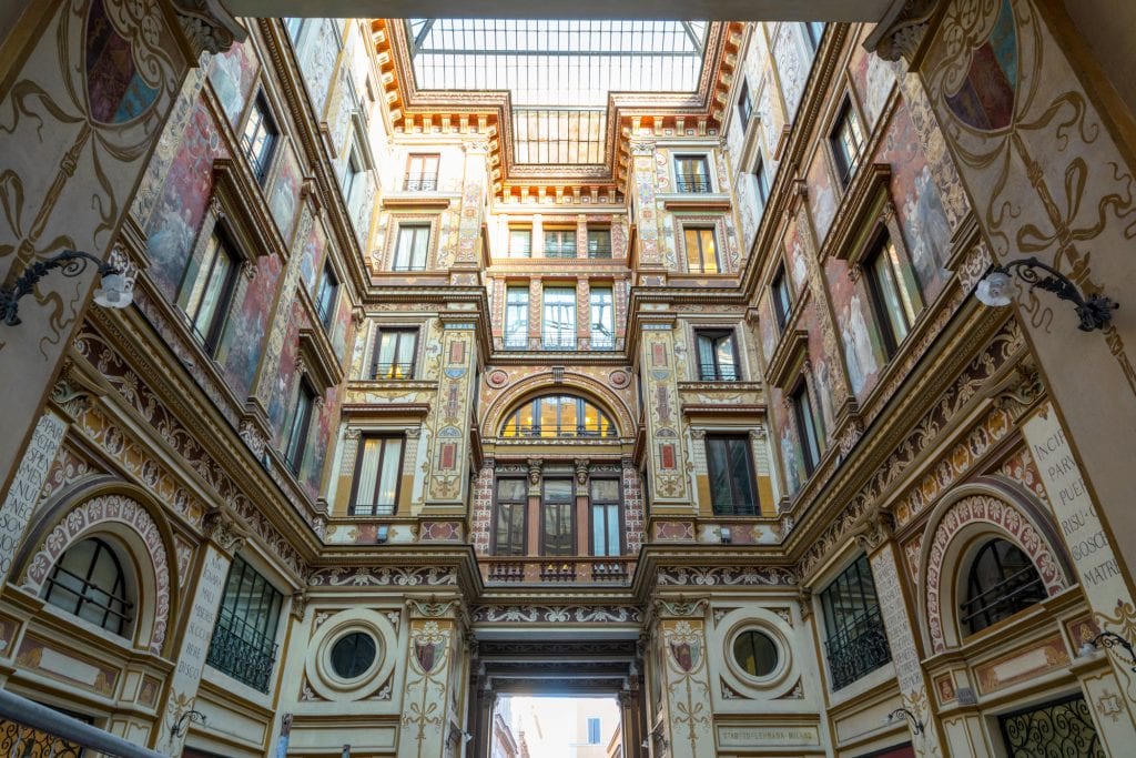 view of Galleria Sciarra looking up, a fun attraction in rome off the beaten path