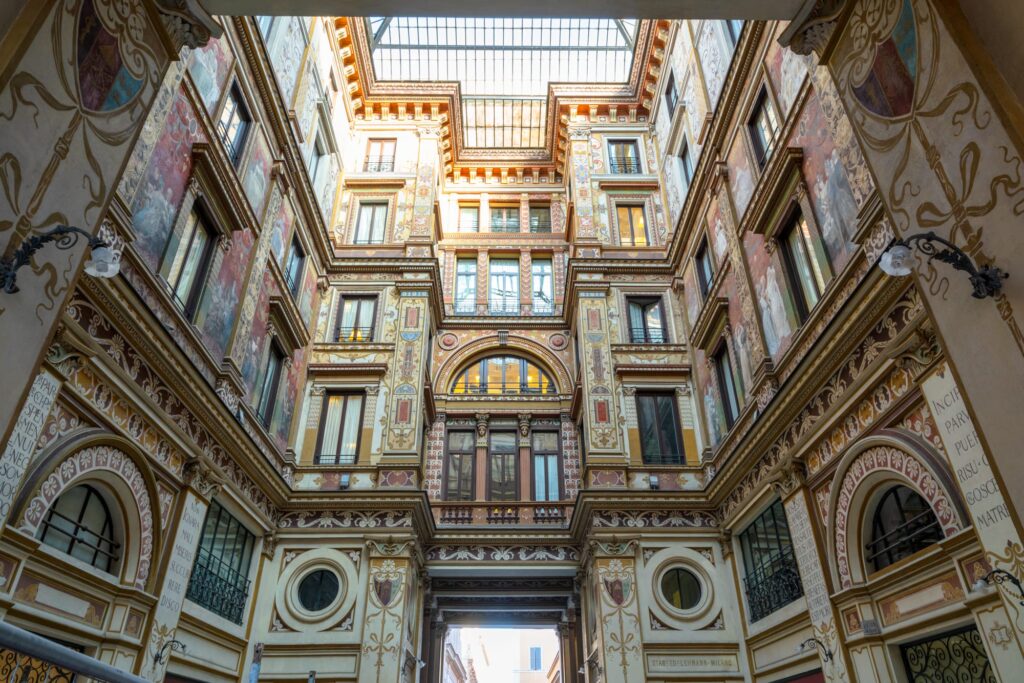 view of Galleria Sciarra looking up, a fun attraction in rome off the beaten path