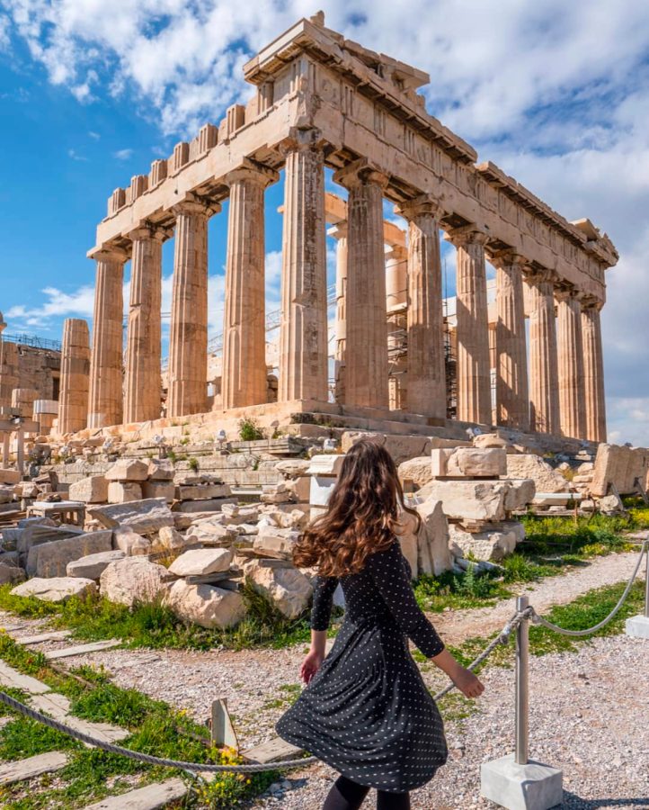 kate storm in a grey dress looking up at the parthenon when visiting athens greece itinerary