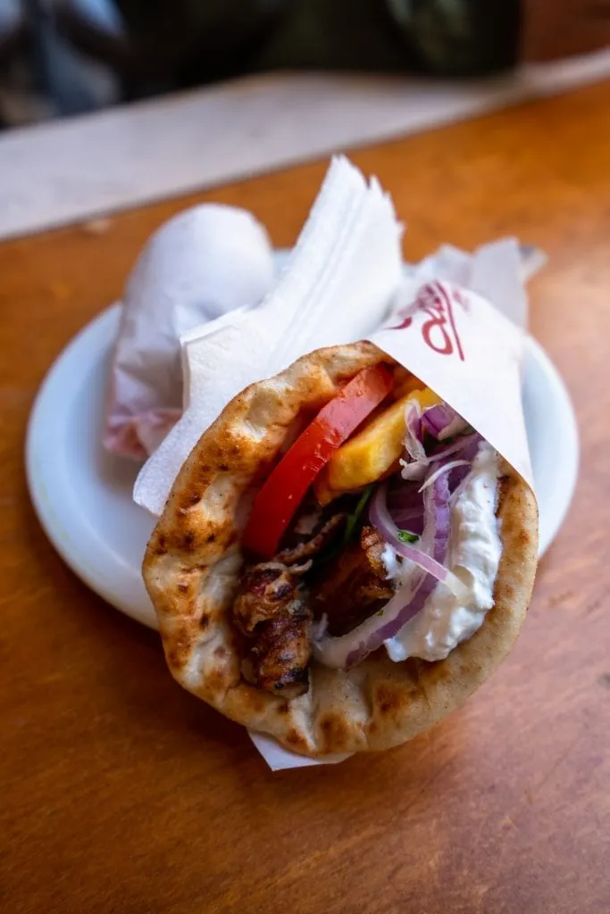 Close up of a pork gyro, Athens food tour