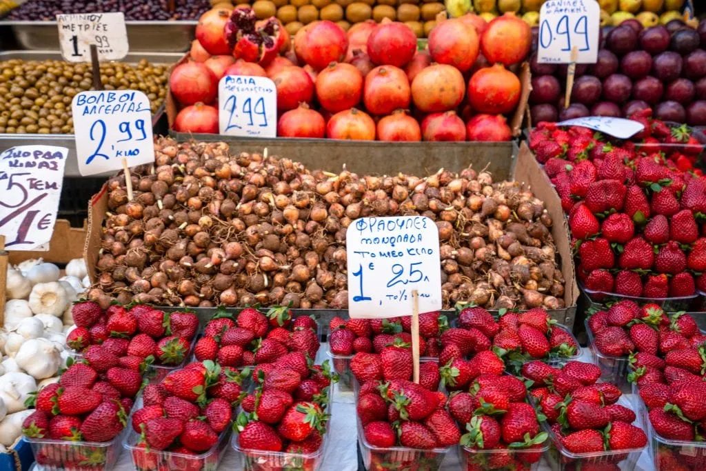 Strawberries and other fruit being sold at food market, Athens food tour