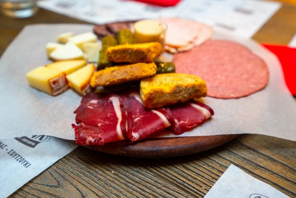 Close up of meat and cheese tray, Athens food tour