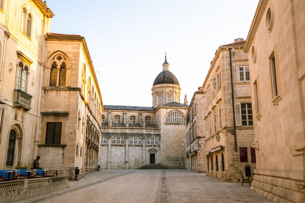 Empty street dead ending into Dubrovnik Cathedral