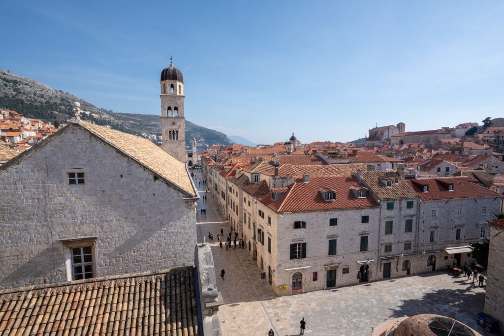 view of stradun and skyline from dubrovnik city walls when exploring dubrovnik in a day