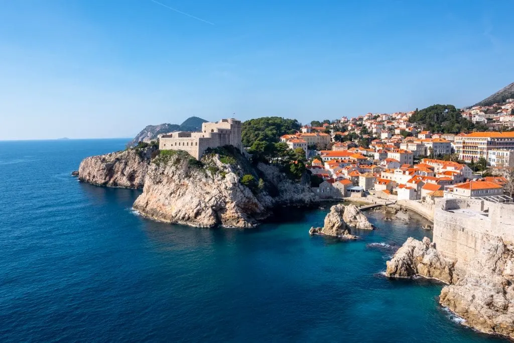 View of fortress near Dubrovnik as seen from town walls, with Adriatic Sea in the foreground--when deciding whether to visit Split or Dubrovnik, Dubrovnik wins on views of the city itself!