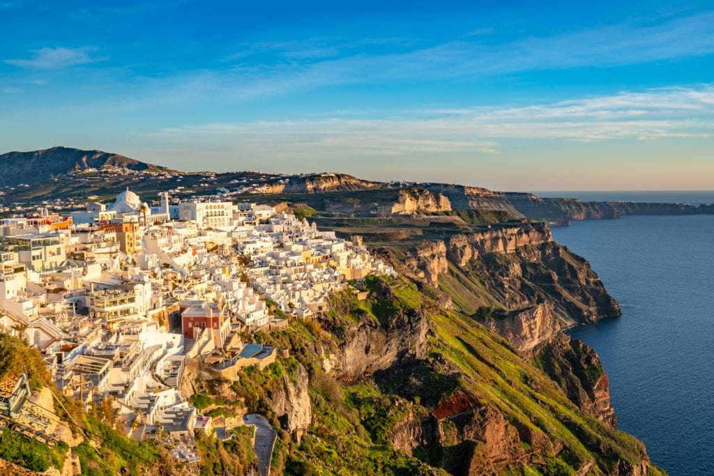 View of Fira village at golden hour, 3 days in Santorini itinerary