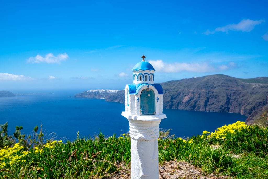 Blue and white roadside shrine, Honeymoon in Santorini