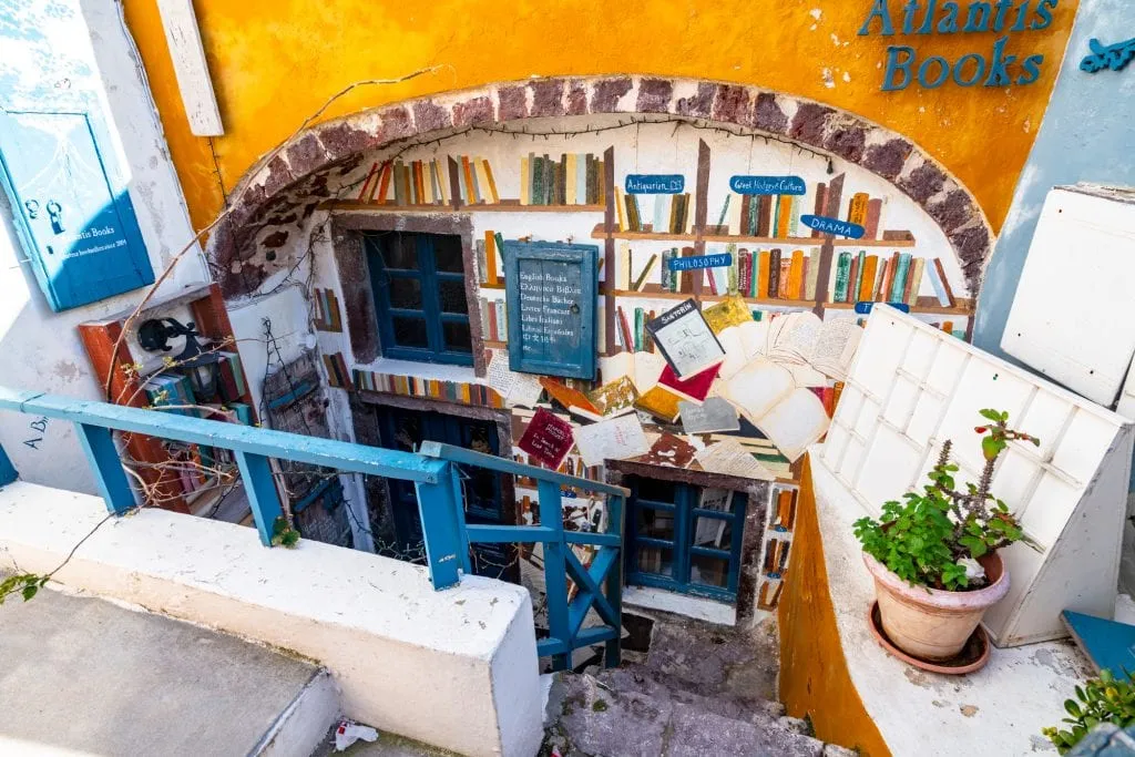 Exterior of Atlantis Books in Oia, 3 Days in Santorini itinerary