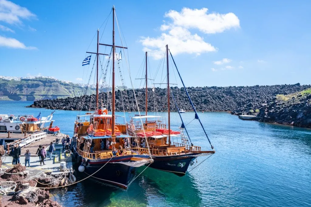 tallships for tourism as seen in a small harbor near santorini greece