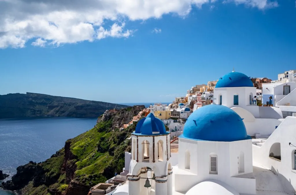 oia santorini as seen from above--travel budgeting is essential for making the most of greece