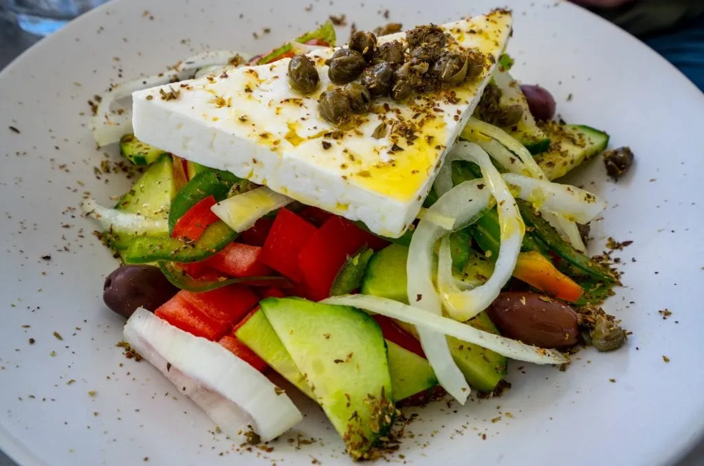 Close up of Greek salad, Santorini Honeymoon