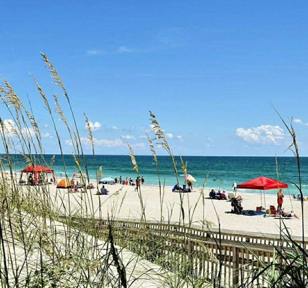 fort macon beach as seen through the sand dunes on a summer dra