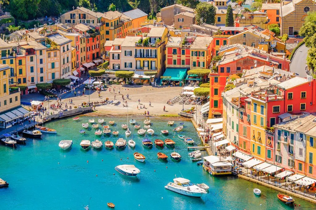 view of portofino harbor from above, one of the best italian seaside towns