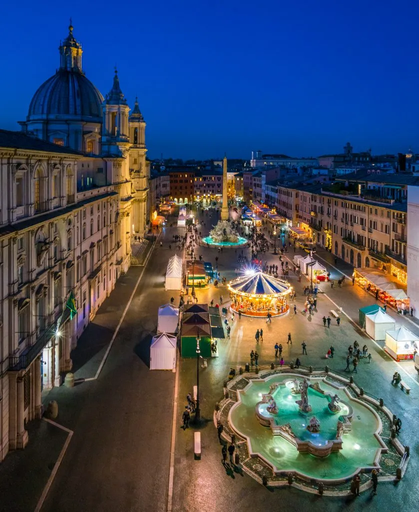 rome christmas market in piazza navona as seen from above at night