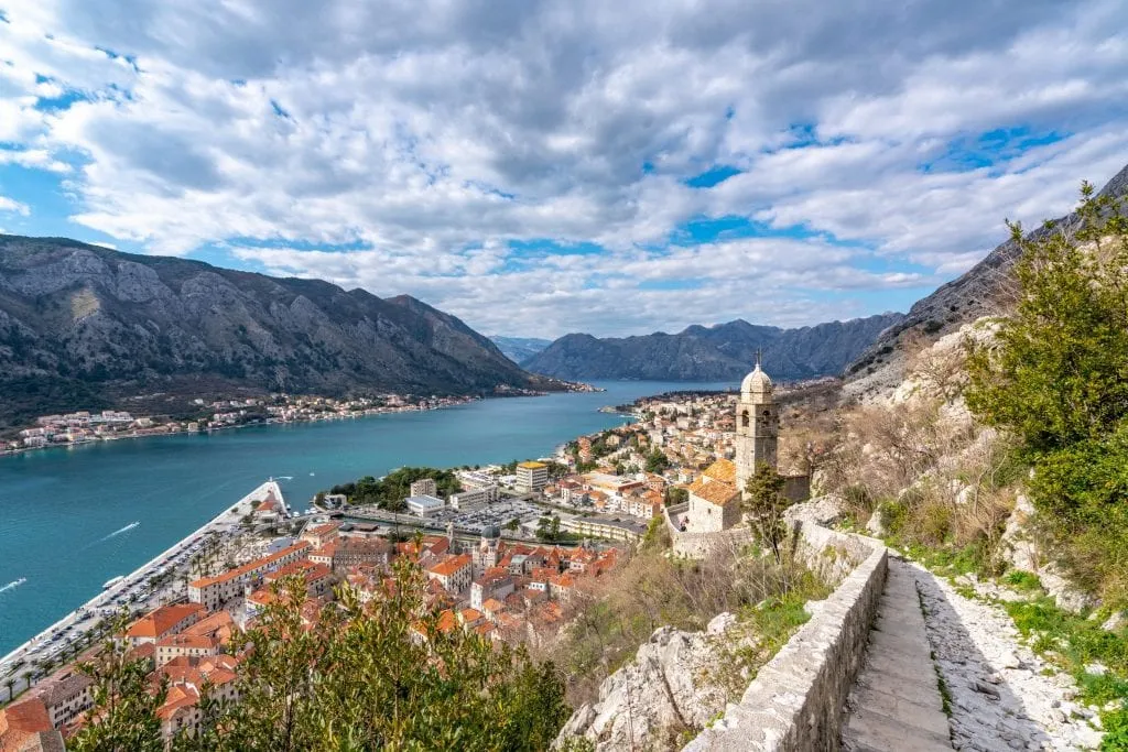 Bay of Kotor Montenegro as seen from a hike above Kotor, one of the best places to visit in Europe in summer