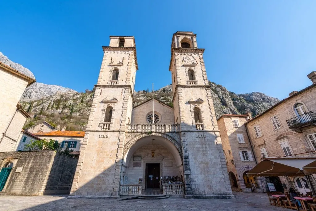 Exterior of St Tryphon's Cathedral from the front, Fun Things to Do in Kotor Montenegro