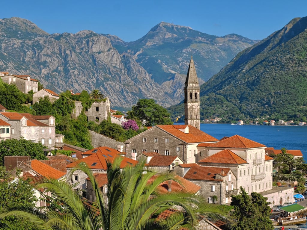 view of perast on bay of kotor with the bay in the background