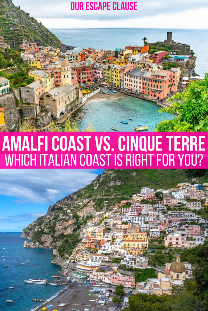 Amalfi Coast vs. Cinque Terre text on image for Pinterest. Photo of Vernazza on top and Positano below.