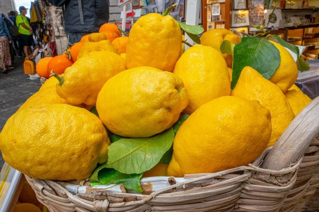 Basket of lemons for sale in Amalfi Town on the Amalfi Coast