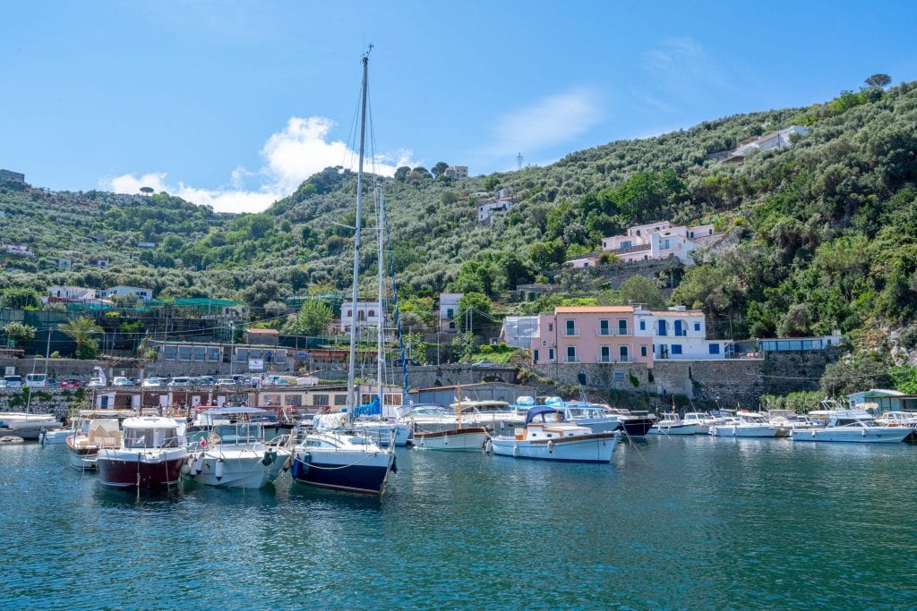 Sailboat in a small harbor near the Amalfi Coast, Italy