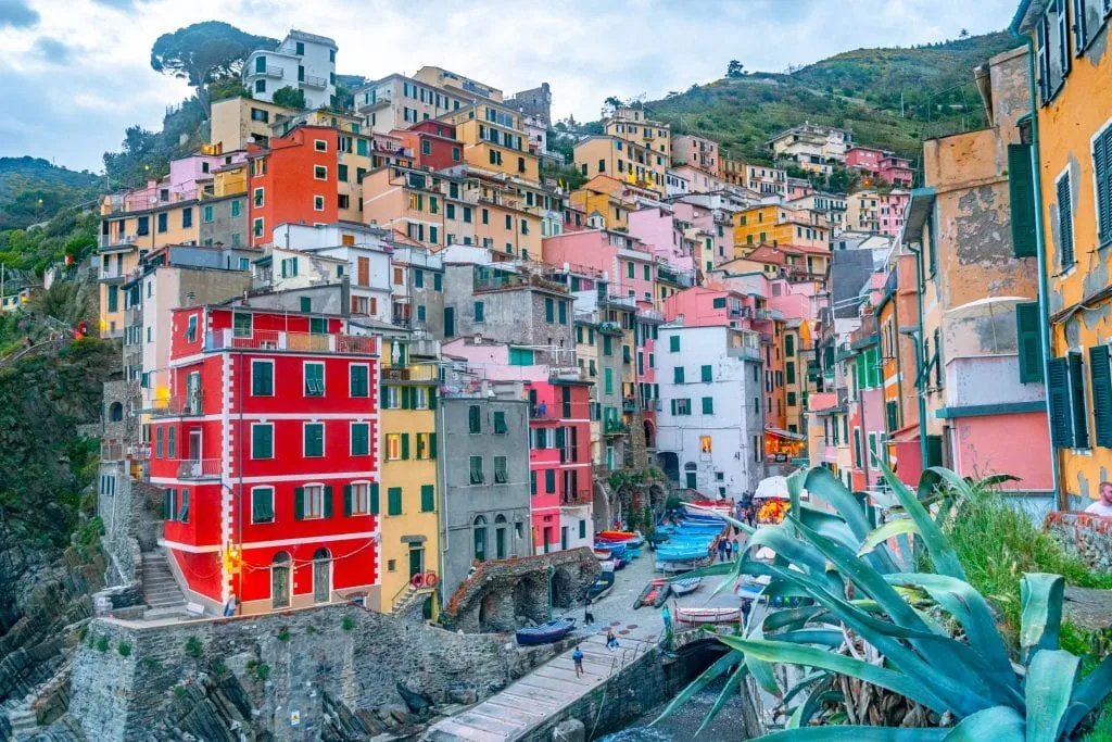 Riomaggiore at sunset from viewpoint above the town, Cinque Terre