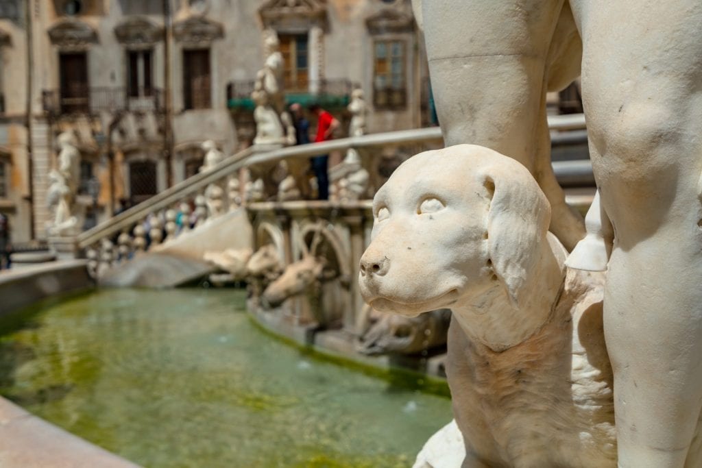 Close up of dog carving on Pretoria Fountain, Fun Things to See in Palermo